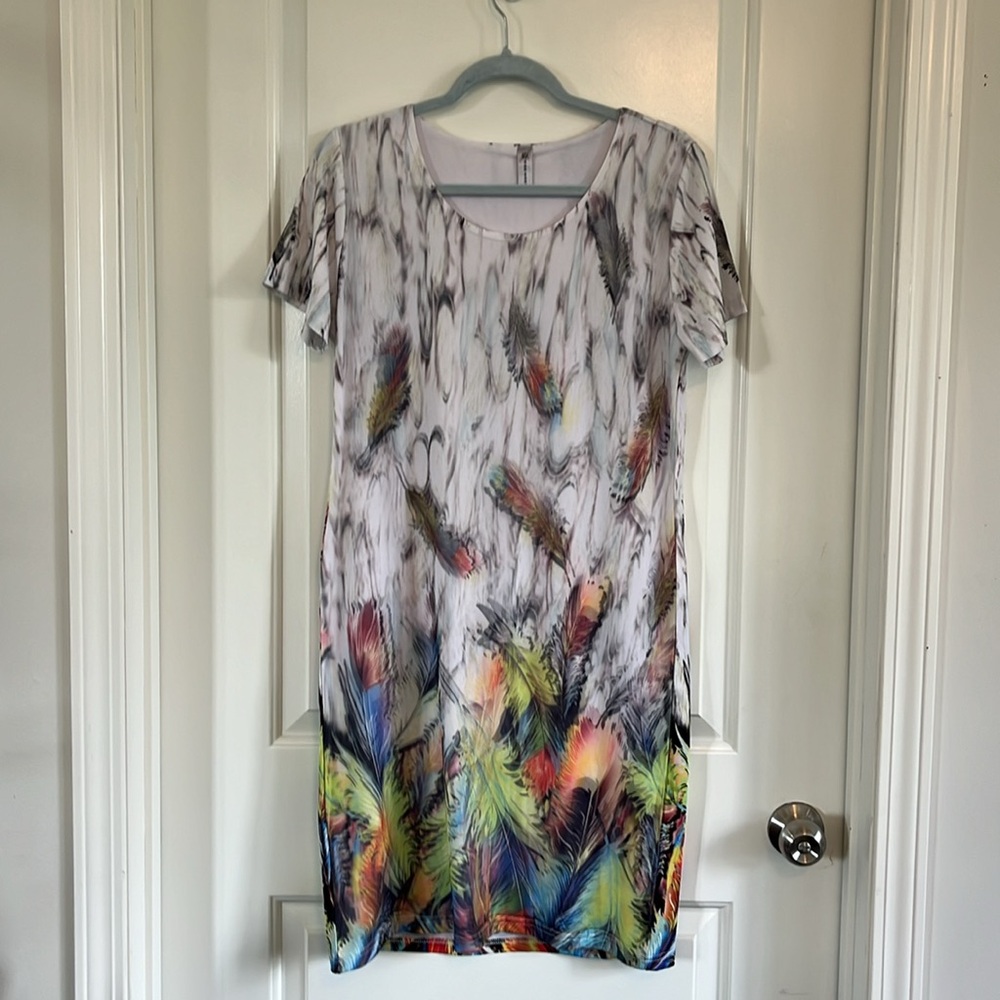 Miss Nikki whimsical mesh front colour feather print dress size medium